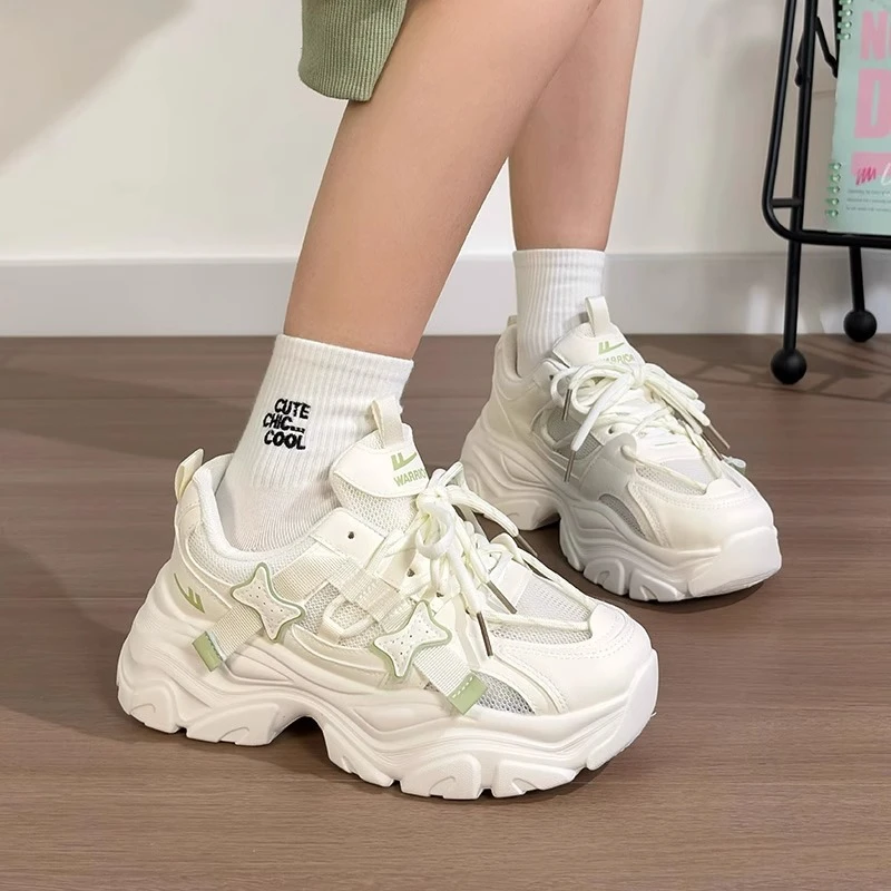 回力薄荷绿星星老爹鞋女2025爆款网面清新百搭鞋子厚底增高休闲鞋