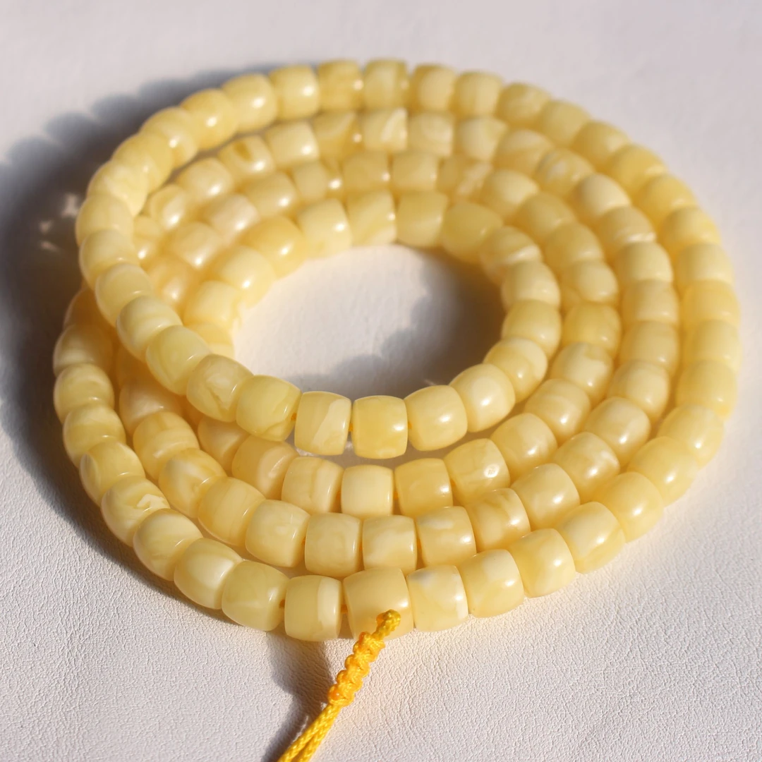 纯天然俄料蜜蜡佛珠奶油白花108