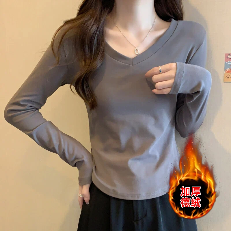 别致v领高级灰t恤女长袖加厚秋冬新款韩版修身不规则打底衫潮