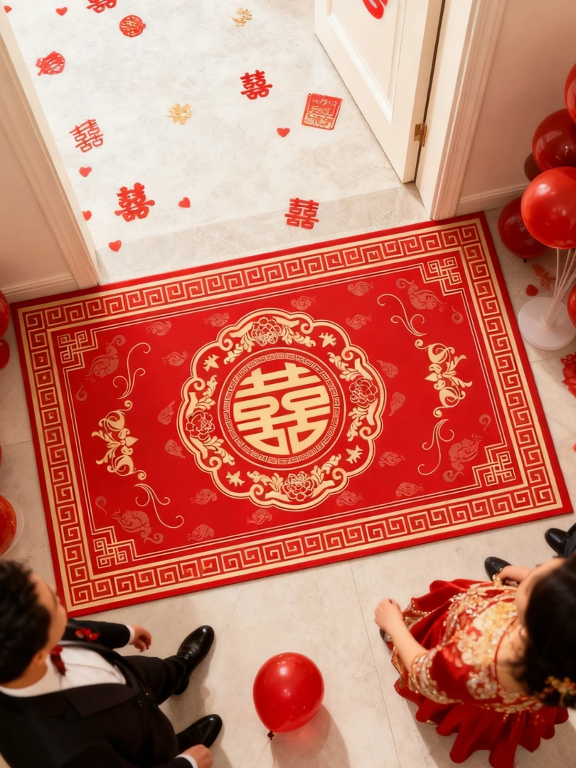 喜庆新婚入户门脚垫玄关门垫进门家用结婚地垫红色喜字地毯批发