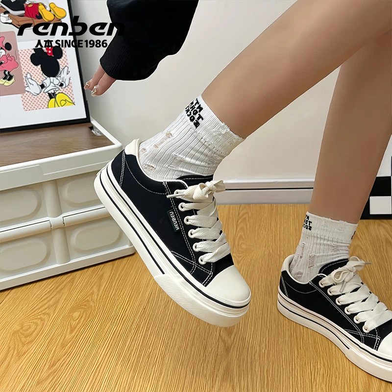 人本官方旗舰店2025春季新款女款帆布鞋厚底学生休闲百搭布鞋学生