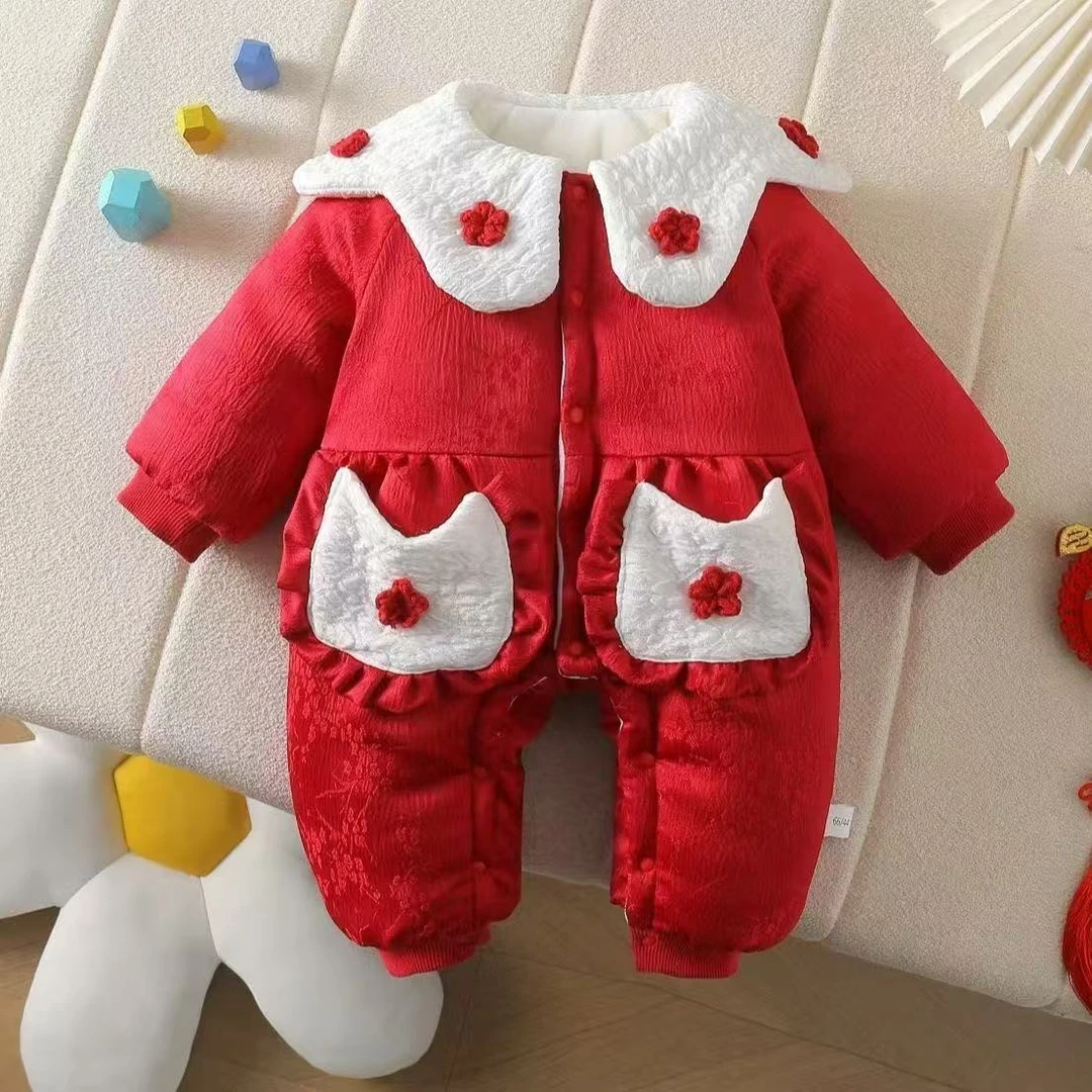 婴儿衣服爬服冬装宝宝连体衣加厚保暖百天冬季外出棉服加绒拜年潮