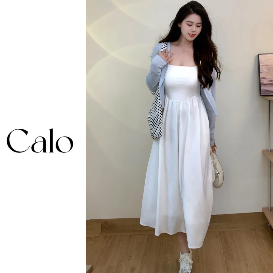 大码胖mm清冷感白开水~设计感正肩开衫＋显瘦吊带裙