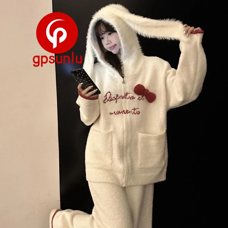GPsunlu可爱兔耳朵连帽半边绒睡衣女秋冬款加厚保暖家居服套装