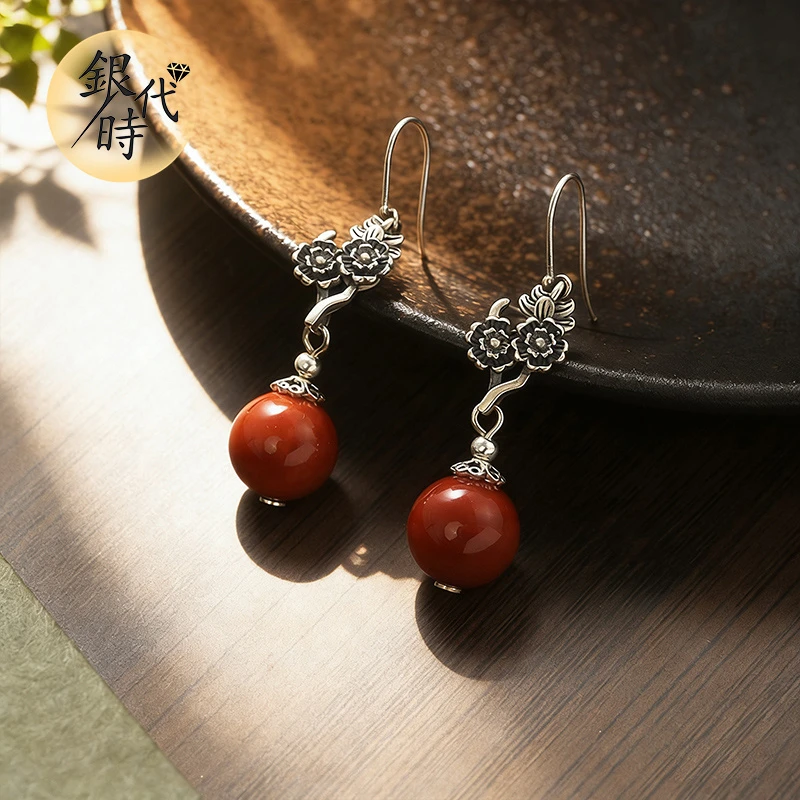 银时代玛瑙柿子红s925银设计款玛瑙耳饰小众个性耳坠