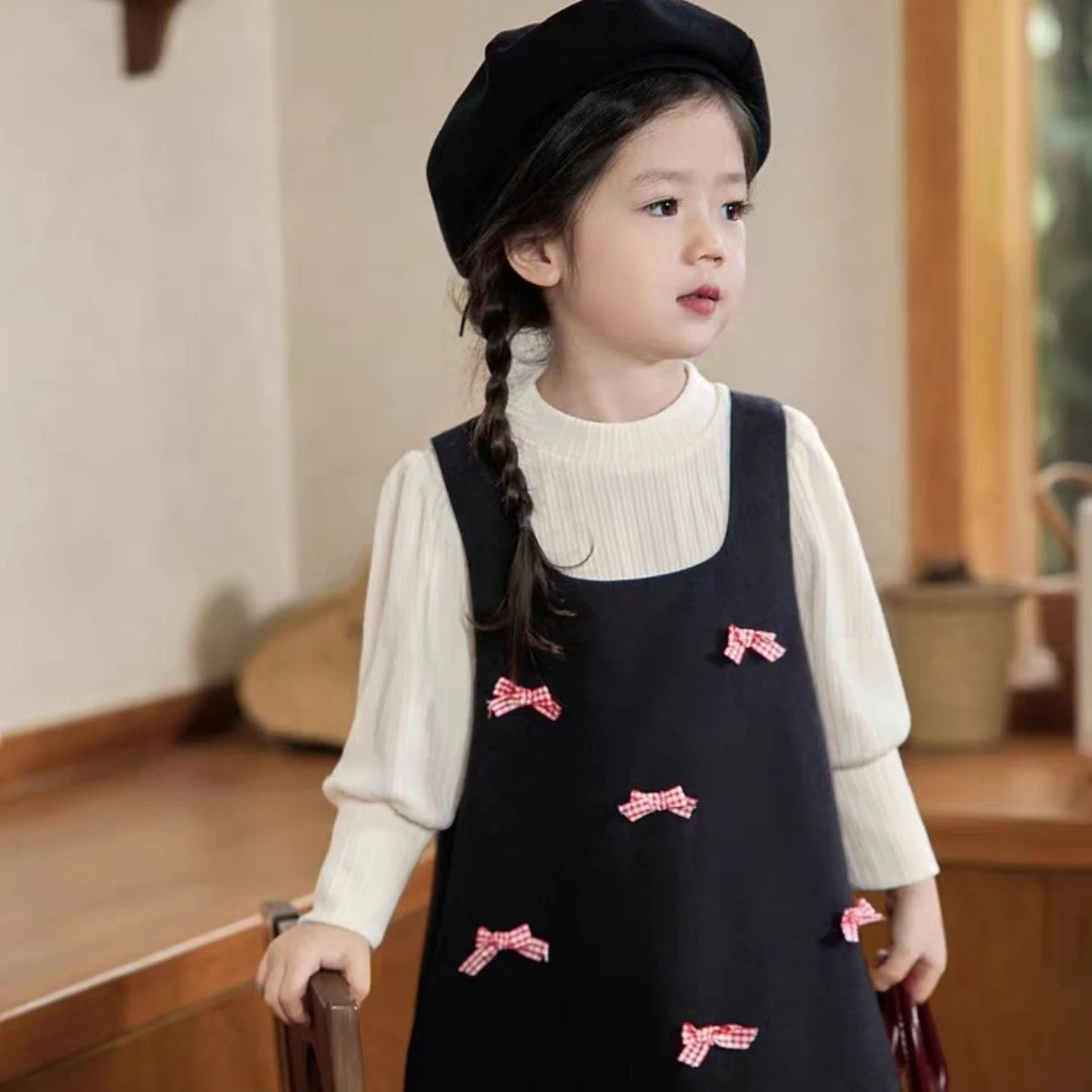 女童小香风两件套2024春秋季新款洋气宝宝蝴蝶结背心裙上衣套装潮