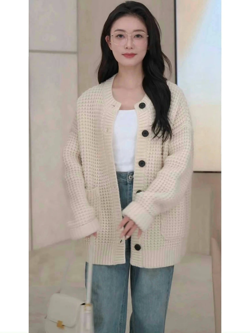 华夫格慵懒风针织开衫外套女装秋冬氛围感编织宽松毛衣9728