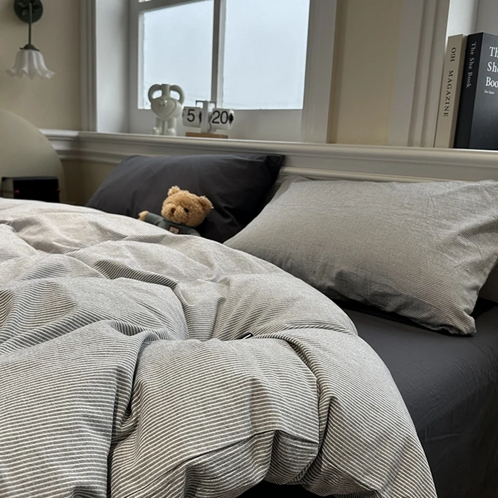 软糯水洗棉条格无印宜家风混搭三件套水洗棉超柔四件套