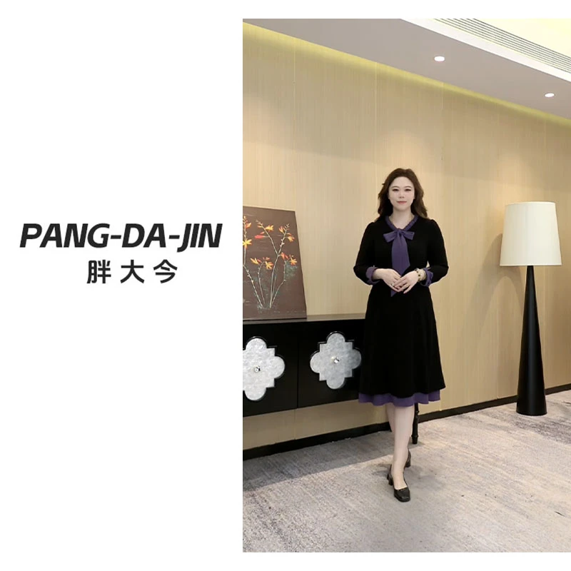 胖大今定制大码女装2025秋季新款绑带设计感长袖气质连衣裙ZB6558