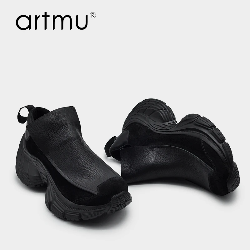 Artmu阿木原创厚底深口单鞋女新款一脚蹬乐福鞋黑色小皮鞋399-35