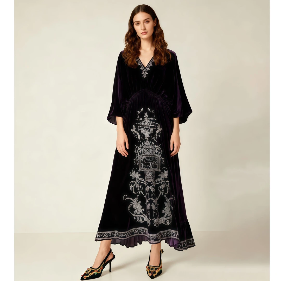 【紫色】2026新款轻奢优雅抽褶设计师真丝丝绒连衣裙305-A-25661