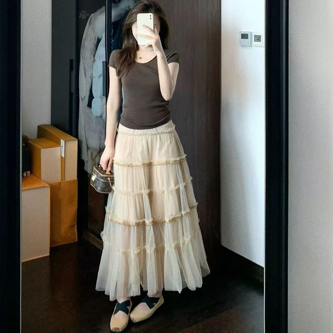 2025夏季新款韩系露背绑带短袖上衣显瘦网纱半身裙气质通勤套装女