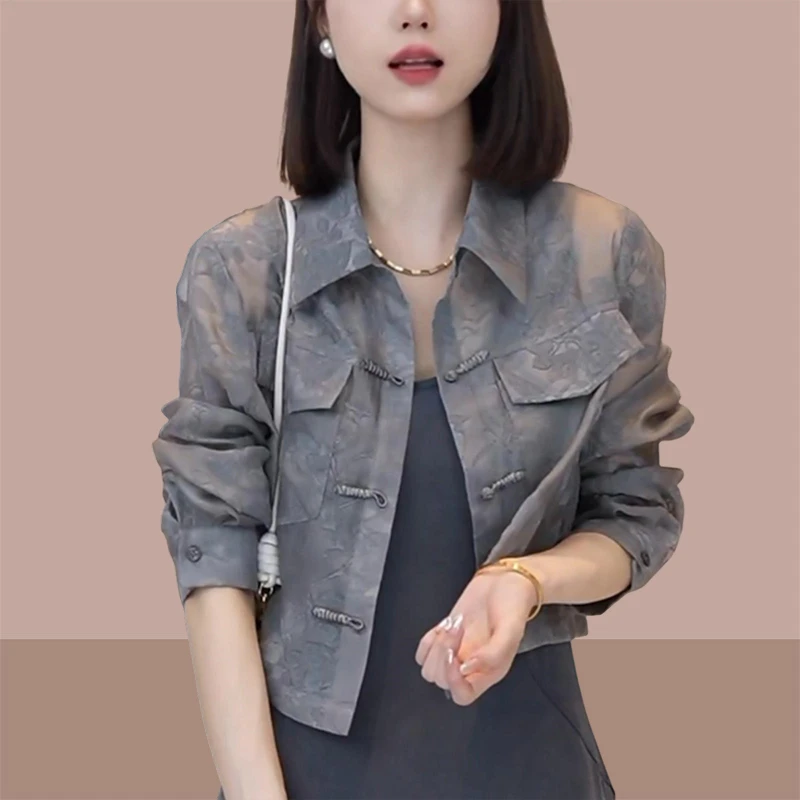 2025夏季新款女士国风盘扣长袖衬衫新中式显瘦气质百搭防晒上衣服