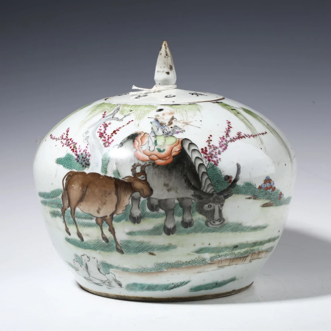 【拍卖-民国】·粉彩童子牧牛图西瓜罐