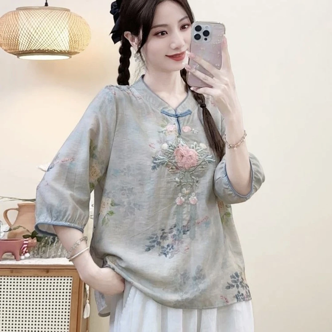 国风文艺复古重工刺绣立领五分袖T恤衬衫2025薄款女上衣小衫百搭