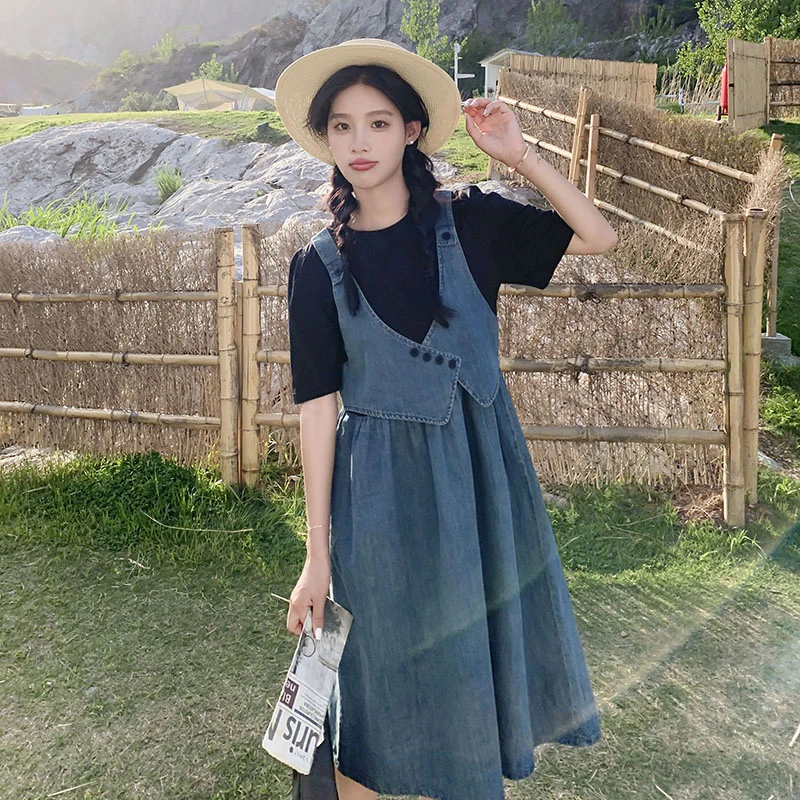 春游出行衣服2025A字裙短袖夏季森系慵懒风背带连衣裙洋气衣服女