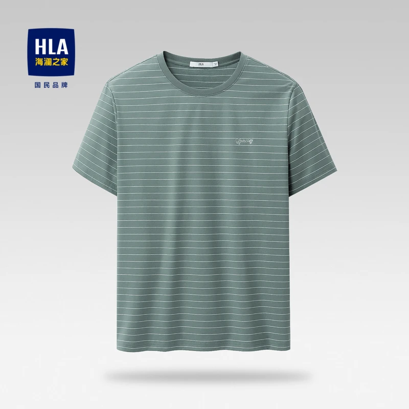 HLA/海澜之家丝光棉条纹短袖T恤高周波印花弹力圆领短t男