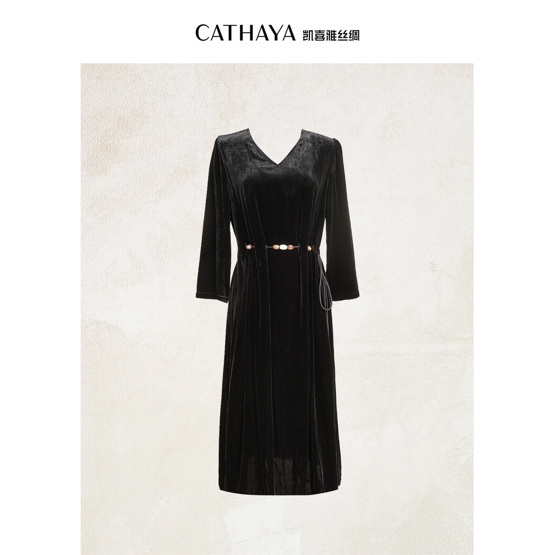 CATHAYA/凯喜雅V领丝绒连衣裙JDK2FLJM612