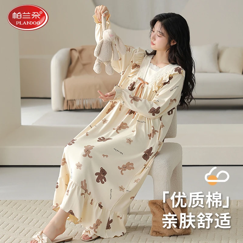 帕兰朵100%纯棉睡裙女春秋季长袖甜美可爱卡通中长款连衣裙家居服