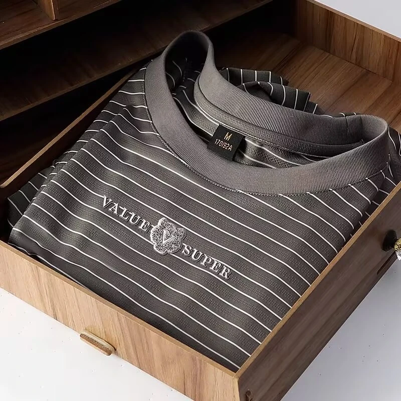 男士冰凉感透气速干短袖t恤夏季心新款条纹冰丝圆领半袖体恤运动