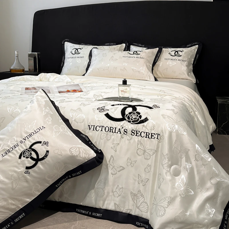 明星款8☆翡翠冰丝夏被四件套提花绣花宽边空调被四件套床笠四件套