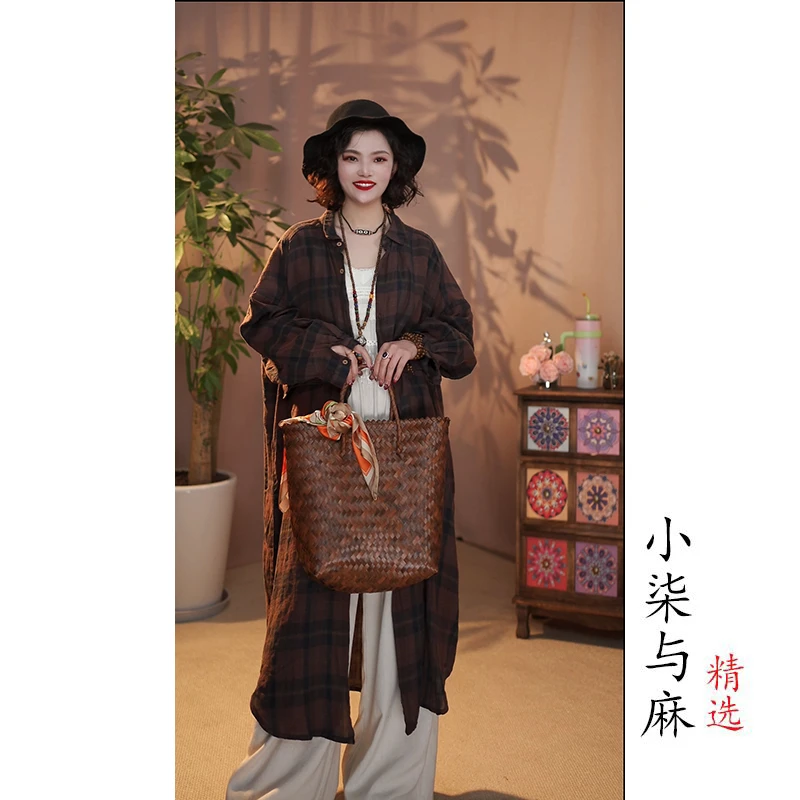 【小柒与麻】色织汉麻风衣外披（衣长113胸围134）咖色