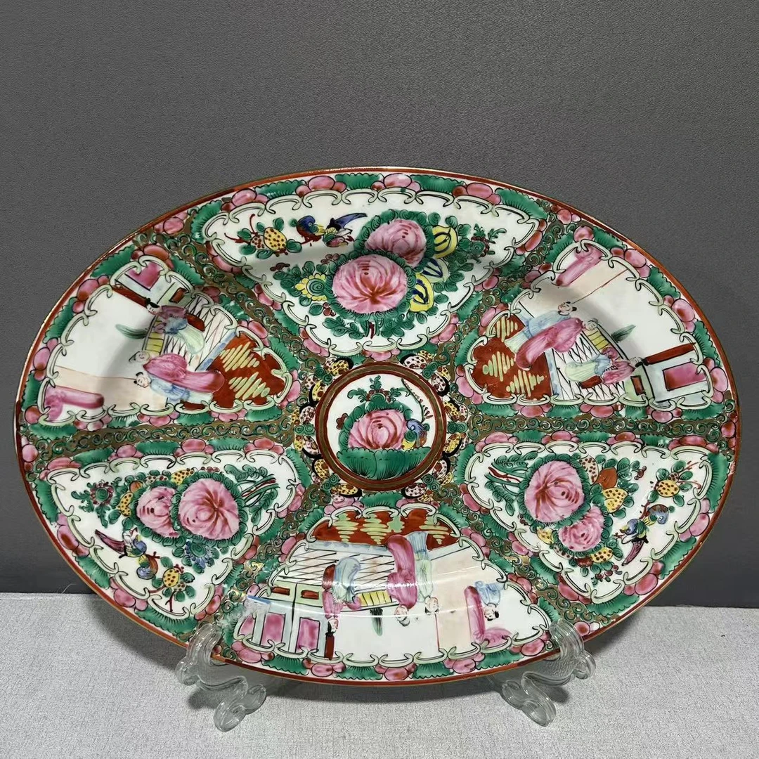 A0905230 民国 广彩人物花鸟纹椭圆盘（长约35.6  宽26  高3.5）