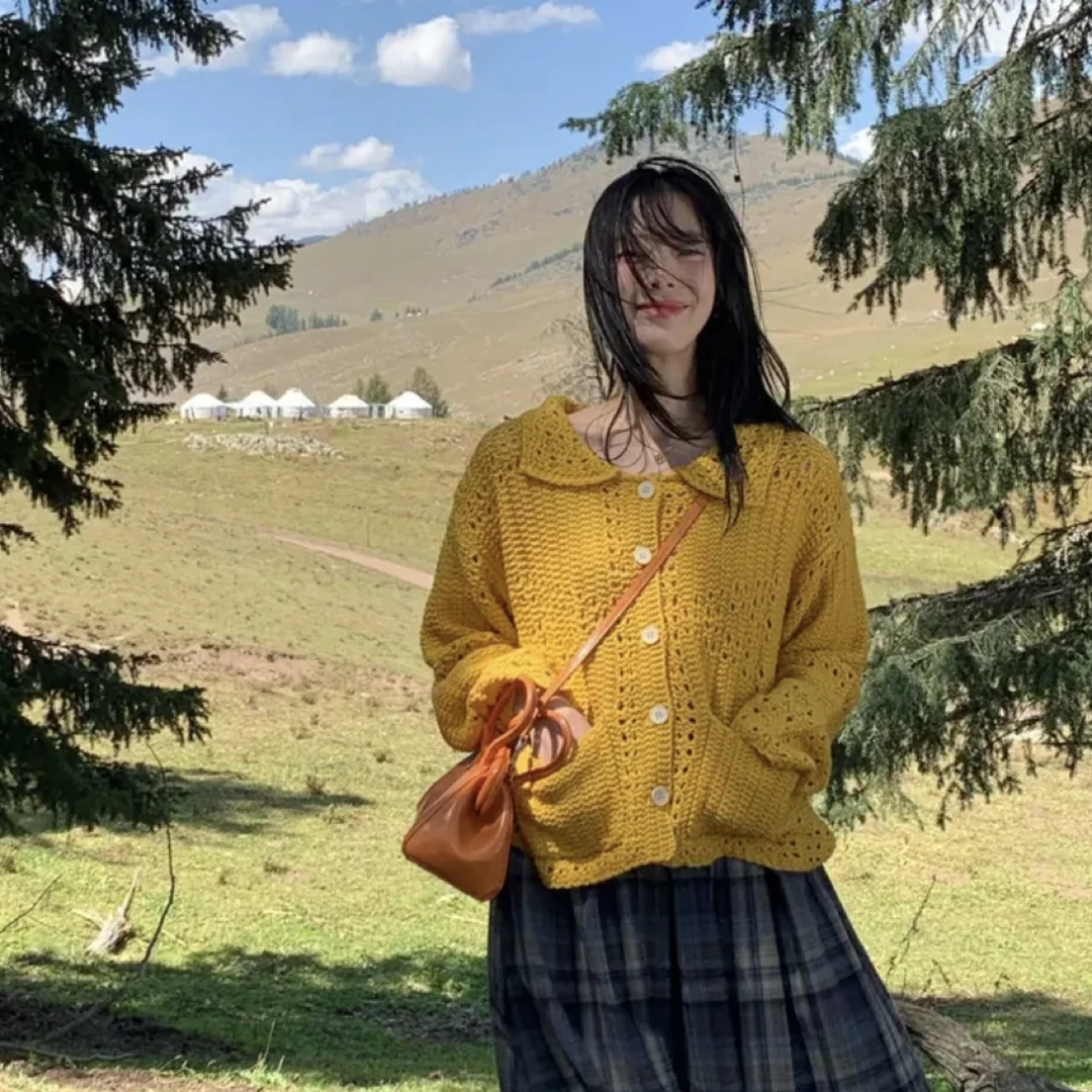 【HDL】2025镂空翻领针织落肩袖毛针织衫上衣开衫日系春秋百搭