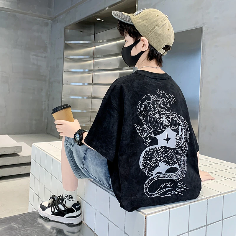 男童短袖夏季薄款2025中大童休闲韩版半袖宽松时尚印花儿童男孩潮