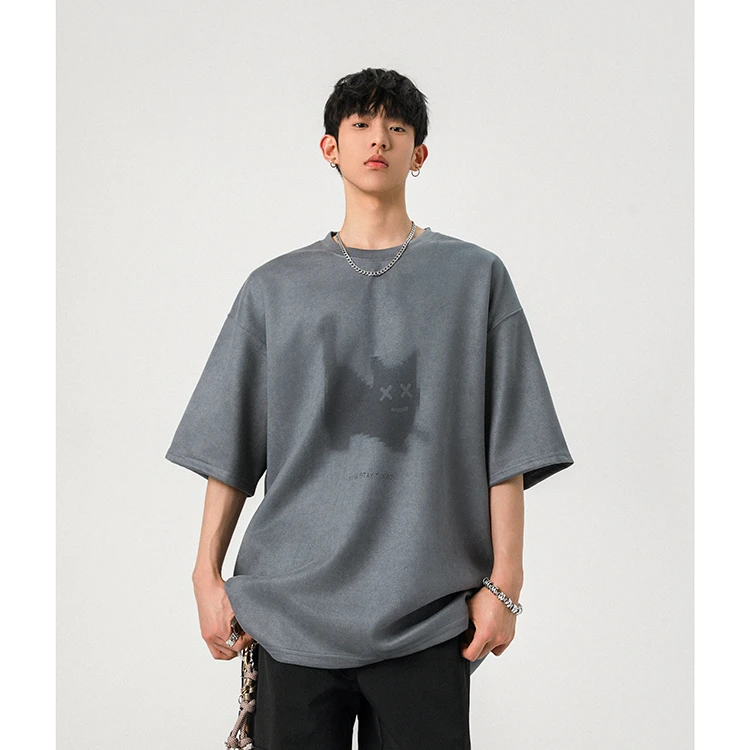 仿麂皮小猫短袖T恤男夏季港风潮牌创意上衣ins休闲百搭个性体恤