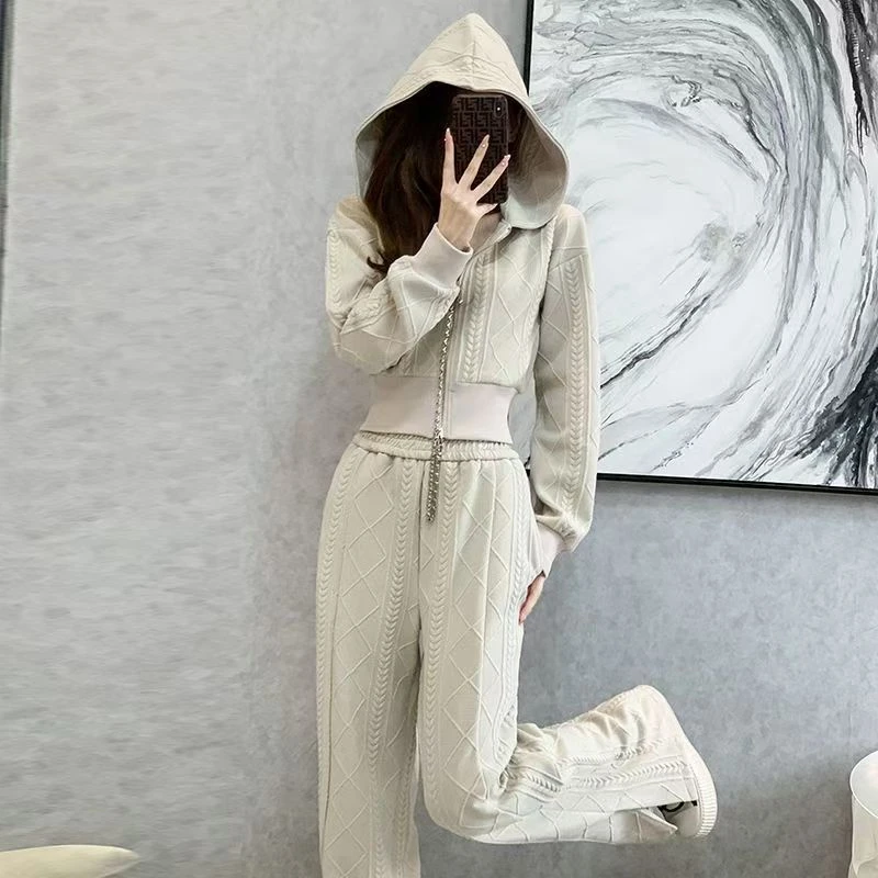 洋气运动套装女春装宽松连帽开衫卫衣小个子盐系名媛阔腿裤两件套