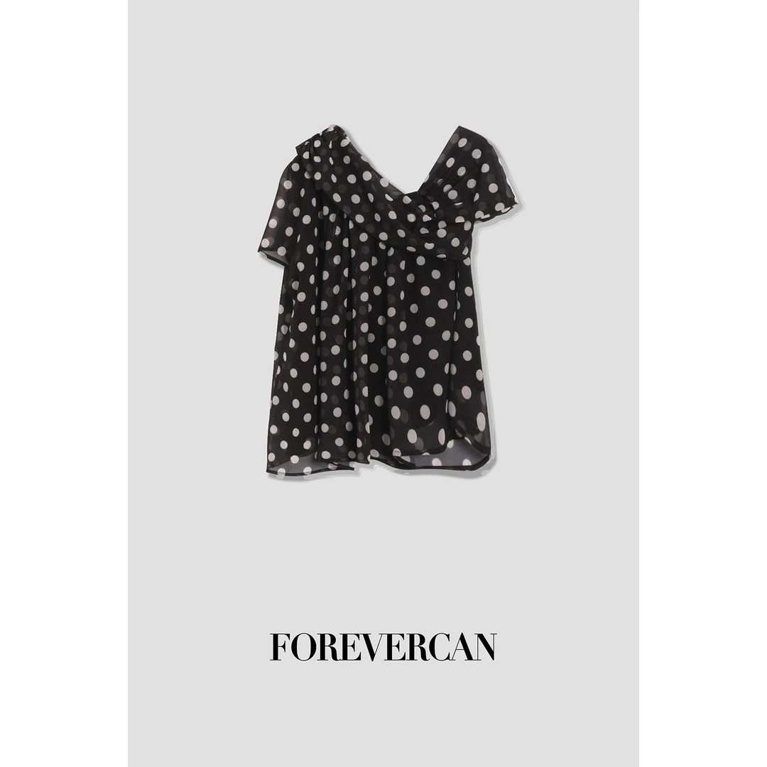 FOREVERCAN“波点圆舞曲”复古波点不规则斜肩短袖上衣 ST21814