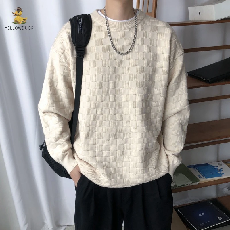 美式圆领毛衣男秋冬季宽松保暖套头棋盘格针织设计感内搭打底线衫