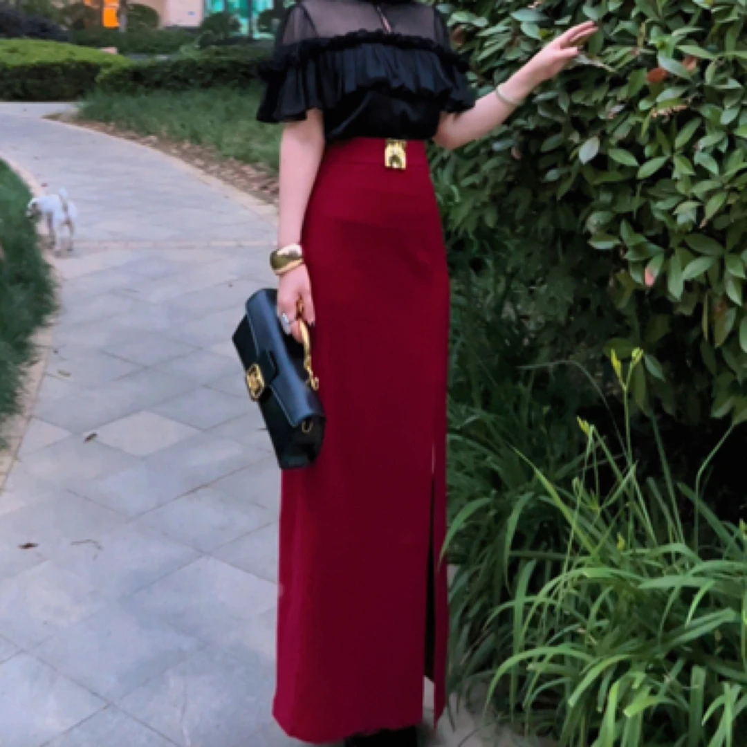 薇儿娜原创时尚百搭大方块金属扣显瘦半身长裙