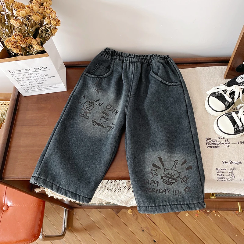 橘止皮【现货】儿童牛仔裤秋冬新款加绒加厚保暖裤子DK245869