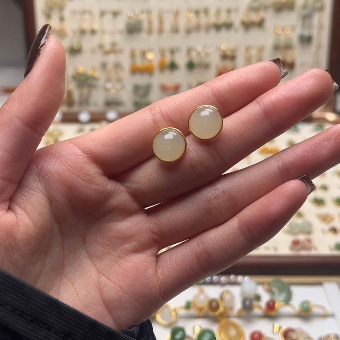 和田玉银S925镀金镶嵌耳坠