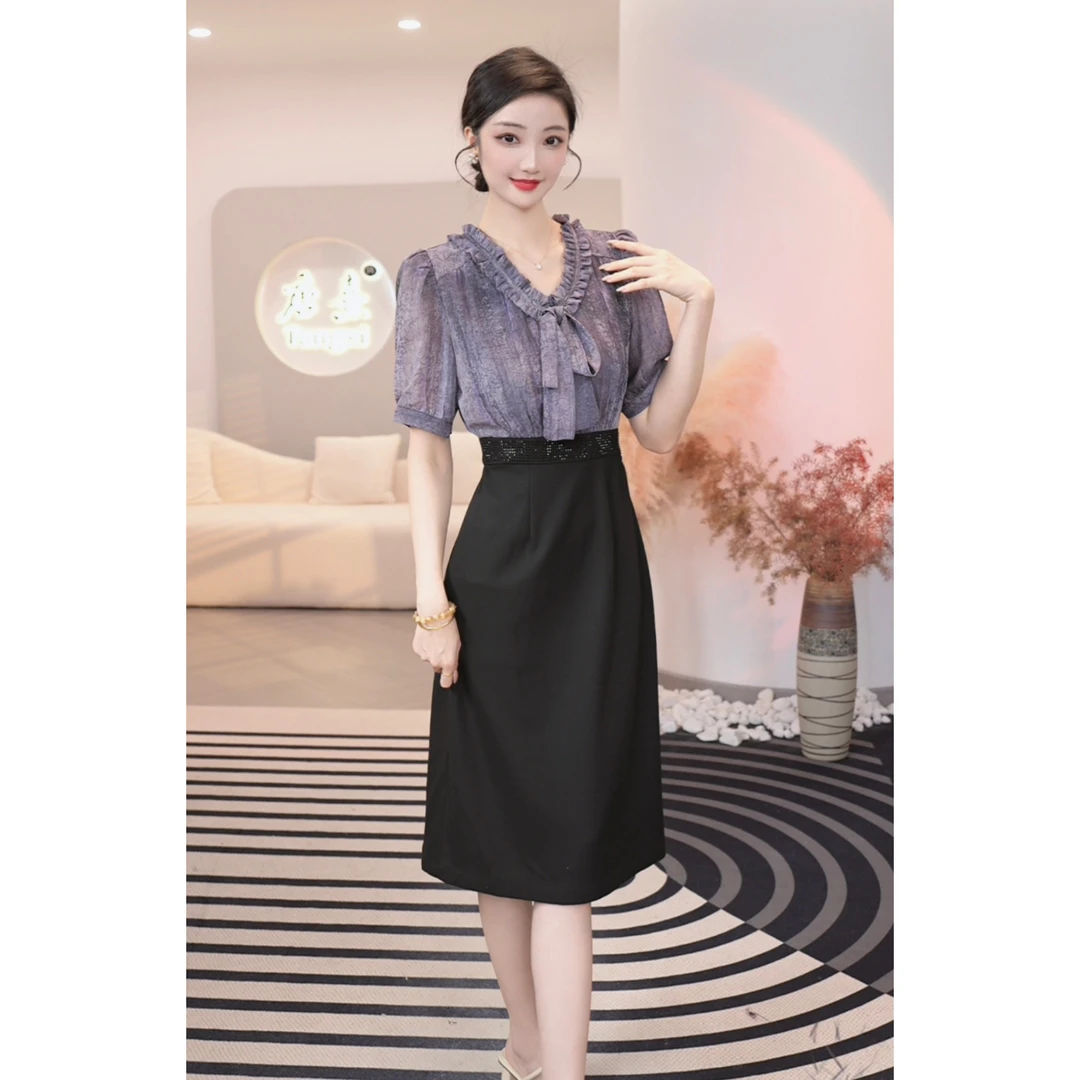 2025夏季新款【DD-2578】中长款法式收腰显瘦假两件拼接设计连衣裙