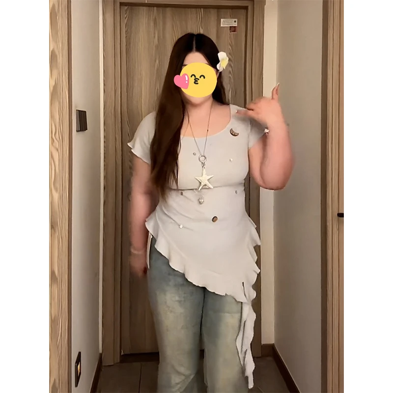辣妹不规则荷叶边短袖t恤女款2025夏季新款时尚洋气减龄气质上衣