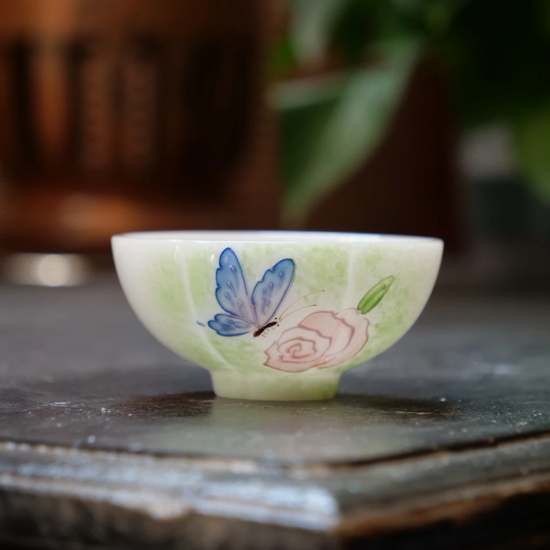 她山她海【粉玫瑰蓝蝶普洱杯】高温陶瓷精美茶道器具茶杯