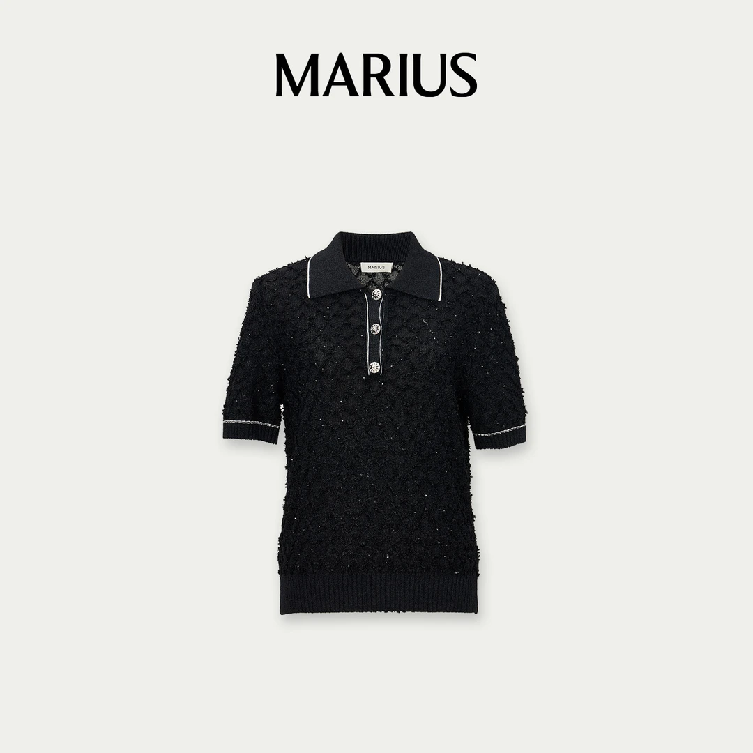 MARIUSMARIUS“雪浪衫”夏季菱形纹理翻领针织时尚亮片上衣