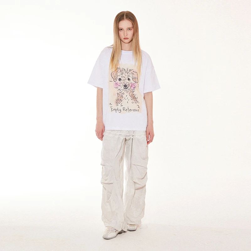 EMPTY REFERENCE美式复古原创潦草小狗印花圆领短袖T恤