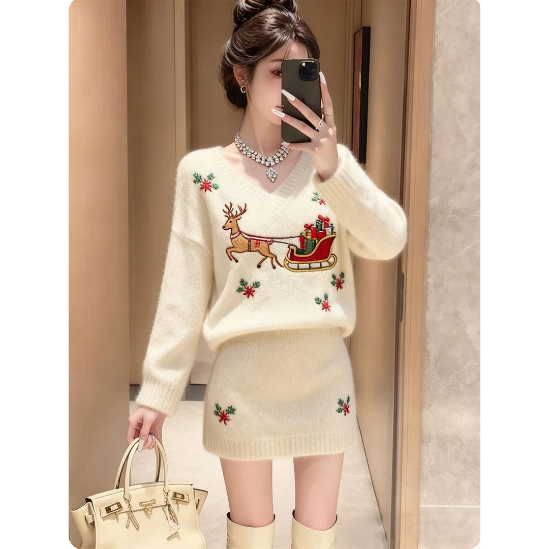 韩系圣诞风针织套装女2025秋冬新款慵懒风v领毛衣半身短裙两件套