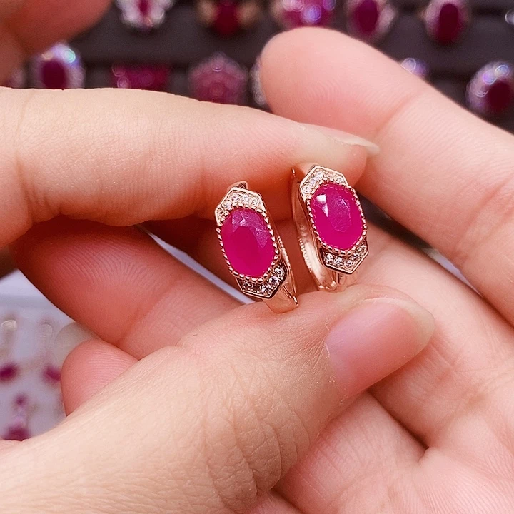 红宝石耳饰银S925镶嵌