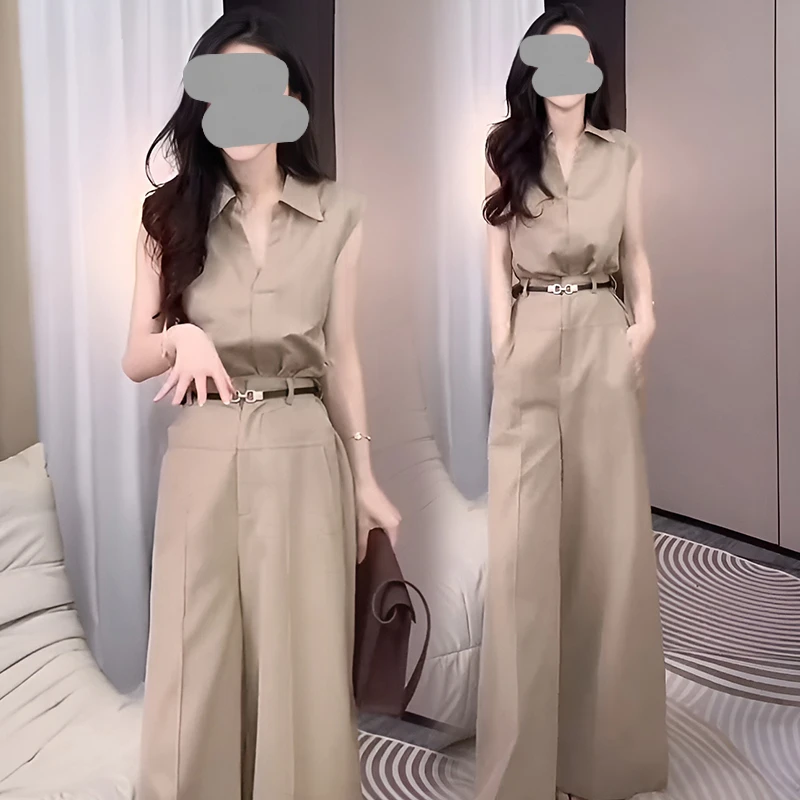 高级感御姐穿搭套装裤女夏季新款时尚减龄翻领无袖衬衫上衣阔腿裤