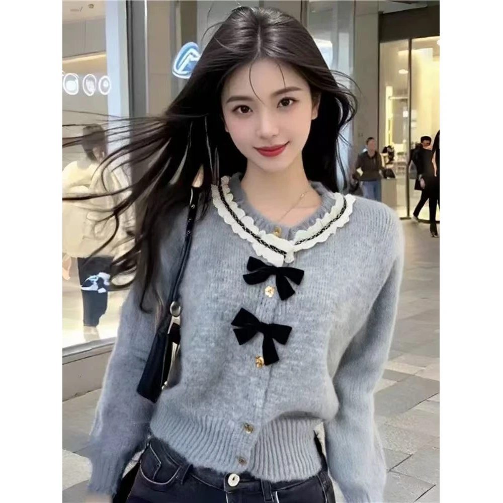 法式小香风蝴蝶结软糯开衫毛衣外套女春秋圆领花边设计感针织上衣