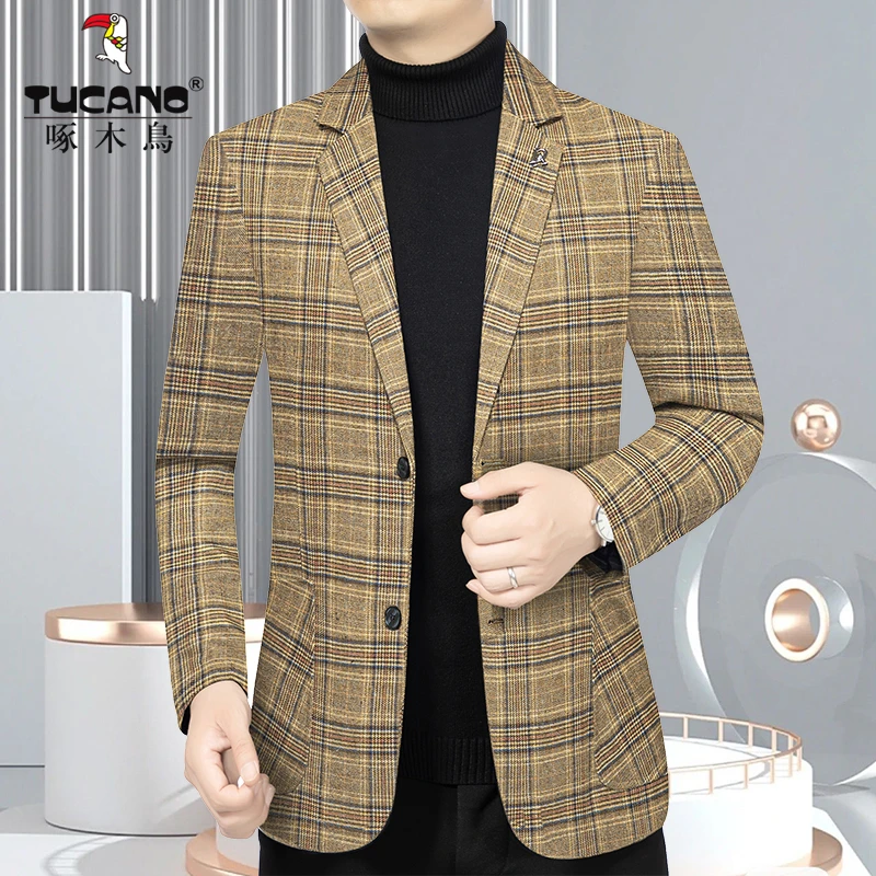 啄木鸟男士新款高档商务休闲西服春秋季薄款西装领外套上衣潮流