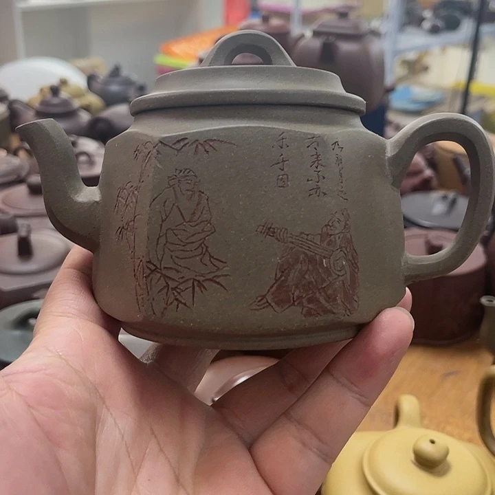 紫砂茶壶紫砂壶六方青段刻绘
