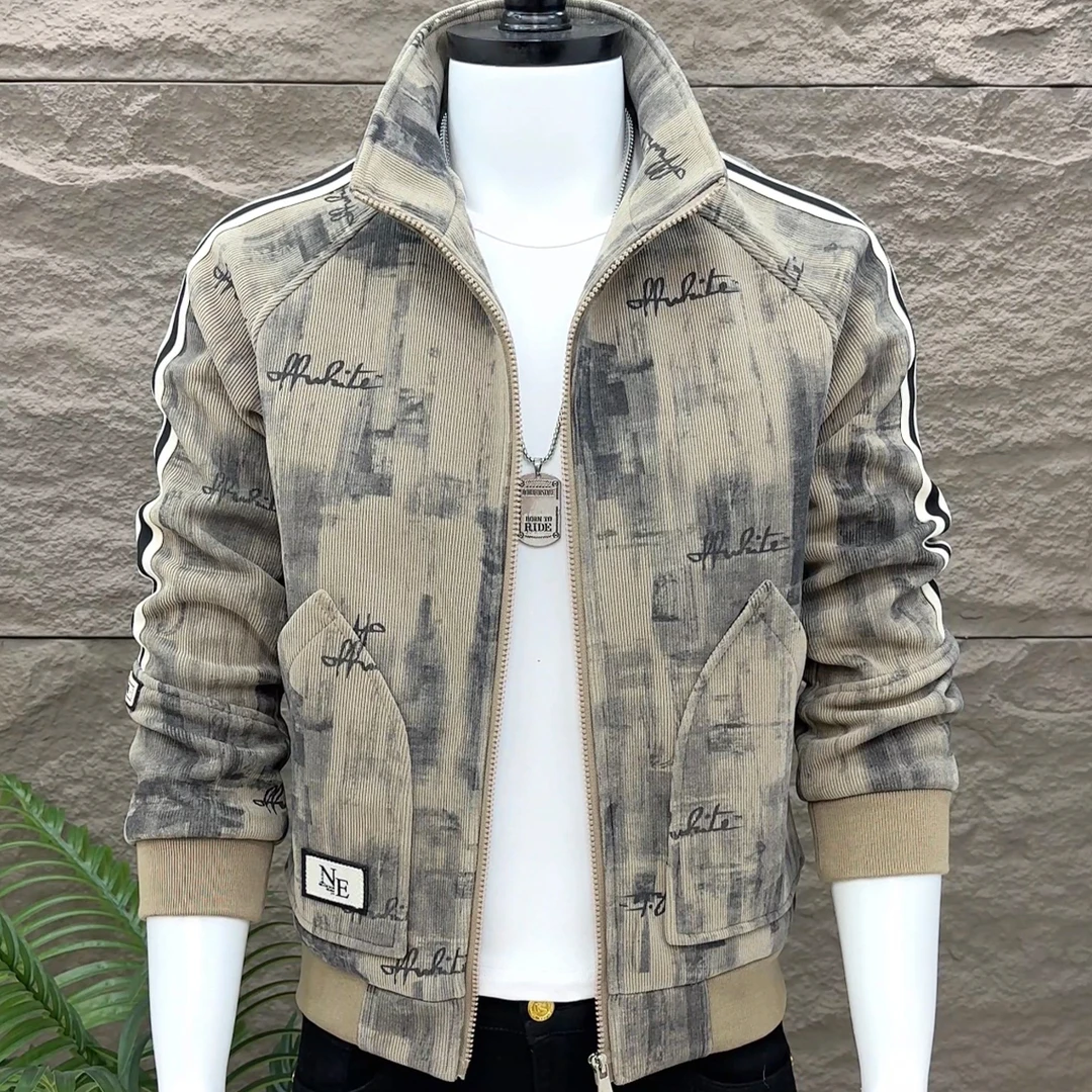 欧米朵秋冬新款印花加绒男士立领夹克潮流百搭修身上衣休闲时尚