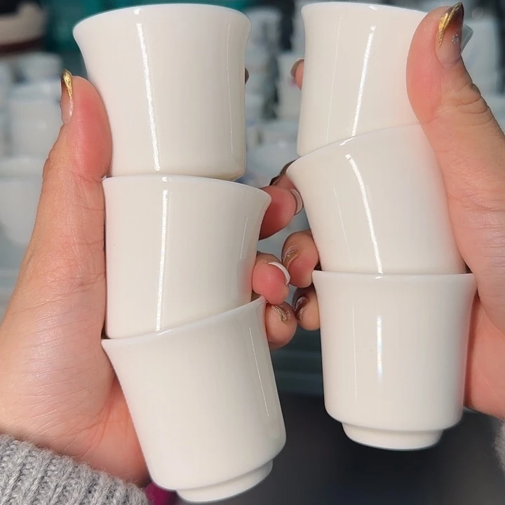 孤品素烧高端羊脂玉茶杯六个一组闻香杯45cc