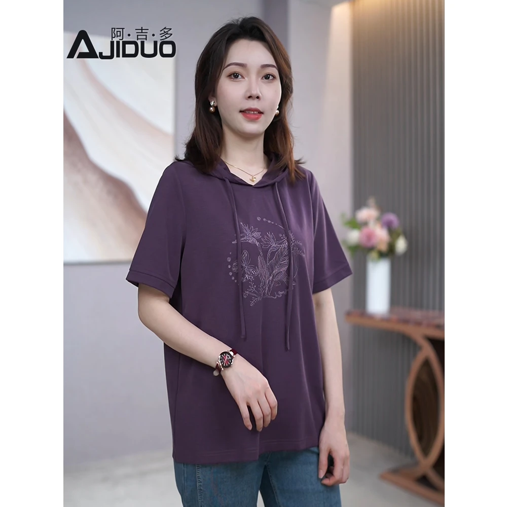 大码休闲短袖连帽卫衣女夏季薄款百搭洋气刺绣宽松显瘦遮肚子上衣